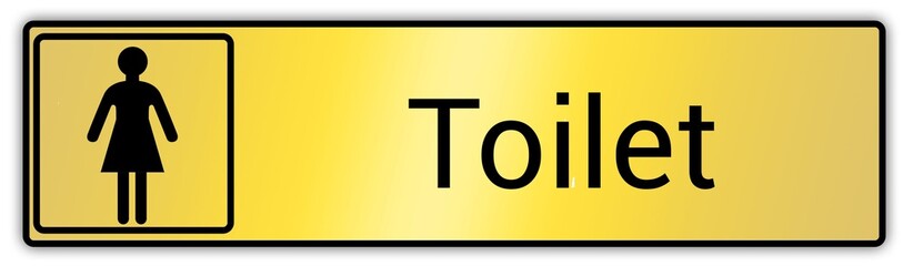 Panneau en anglais: Toilettes pour hommes et femmes, wc mixtes et unisexe - panneau pour salle de bain, toilettes et autres commodités texture en métal doré