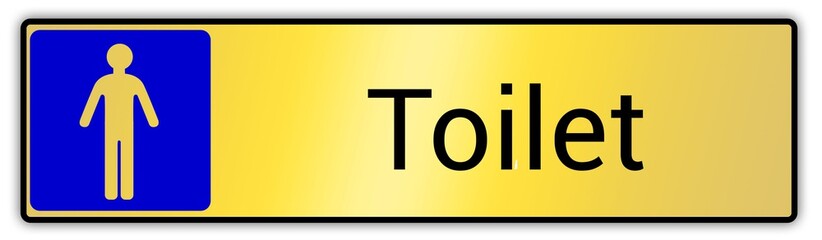 Panneau en anglais: Toilettes pour hommes et femmes, wc mixtes et unisexe - panneau pour salle de bain, toilettes et autres commodités texture en métal doré