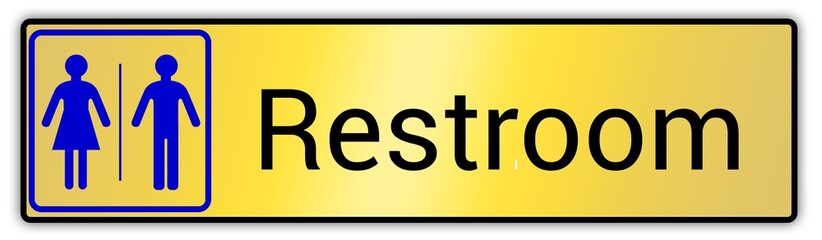 Panneau en anglais: Toilettes pour hommes et femmes, wc mixtes et unisexe - panneau pour salle de bain, toilettes et autres commodités texture en métal doré