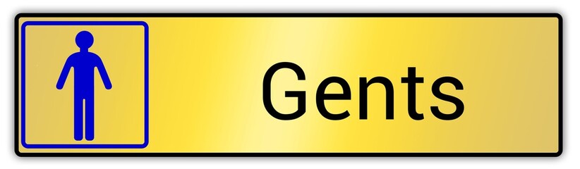 Panneau en anglais: Toilettes pour hommes et femmes, wc mixtes et unisexe - panneau pour salle de bain, toilettes et autres commodités texture en métal doré