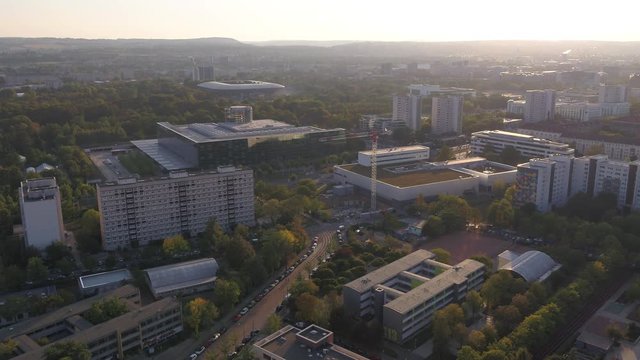 Drone aerial Dresden overview citypark Glaeserne Manufaktur Dynamo Stadion sunny sunrise