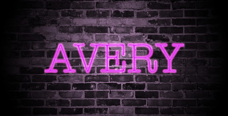 first name Avery in pink neon on brick wall