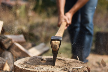 Lumberjack chopping wood for winter, Young man chopping woods with an axe