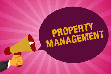 Writing note showing Property Management. Business photo showcasing Overseeing of Real Estate Preserved value of Facility.
