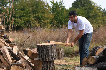 Lumberjack chopping wood for winter, Young man chopping woods with an axe
