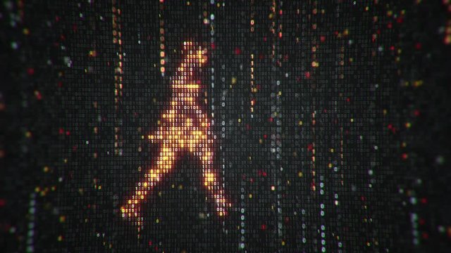 Abstract background with animation flickering binary digits and earth symbol walking human from binary digits. Animation of seamless loop. 