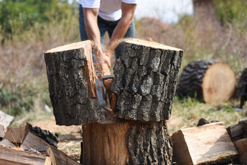 Lumberjack chopping wood for winter, Young man chopping woods with an axe