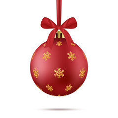 Christmas ball. Realistic red Xmas ball with gold glitter snowflakes decor, ribbon and bow