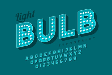Vintage light bulb font design, Broadway style alphabet letters and numbers
