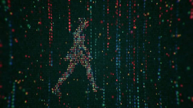 Abstract background with animation flickering binary digits and earth symbol walking human from binary digits. Animation of seamless loop. 