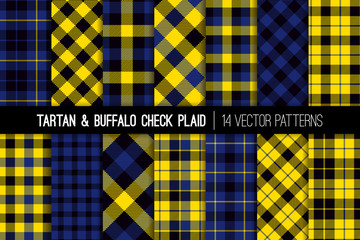 Yellow, Black and Blue Tartan and Buffalo Check Plaid Vector Patterns. Trendy 90s Style Fashion Textile Prints. Classic Scottish Checkered Fabric Textures. Pattern Tile Swatches Included. - 225545499