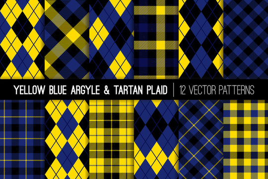 Yellow, Black and Blue Tartan Plaid and Argyle Vector Patterns. Trendy 90s Style Fashion Textile Prints. Classic Scottish Checkered Fabric Textures. Pattern Tile Swatches Included.