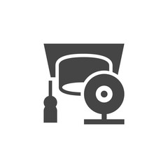 Graduate hat and webcam. Online training, tutoring, distance learning educational material concept flat icon. Modern teaching technologies for students. Vector illustration isolated on white