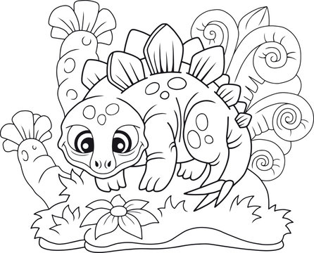 cartoon cute stegosaurus, funny illustration coloring book