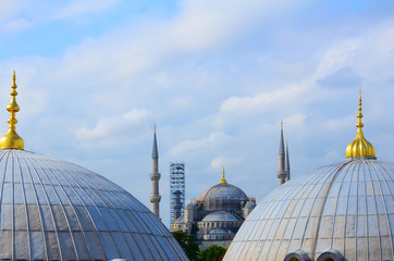 Restoration of the Blue Mosque in Istanbul. View between the domes of Hagia Sophia