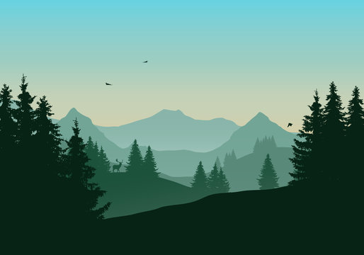 Vector illustration of landscape with mountains and coniferous forest, deer and flying birds under green morning sky