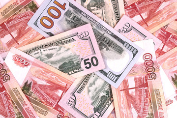 Money, rubles, dollars. Holiday concept or business or travel concept. Selective focus, close-up, top view.