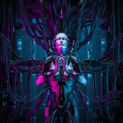 The quantum zen queen / 3D illustration of female android hardwired to computer core