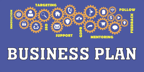 BUSINESS PLAN Panoramic Banner with Gears icons and tags, words. Hi tech concept. Modern style