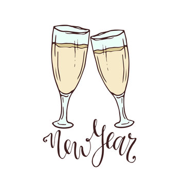 Champagne glasses vector. New year greeting card. Hand drawn illustration. Sticker print design
