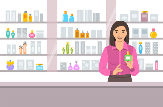 Cosmetics store asian girl counter near shelves with perfumes and skin care products. Young woman seller offering bottle with new aroma at the perfume shop. Vector cartoon background