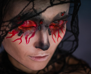 Day of the dead. Halloween. Makeup for Halloween. Portrait of a girl with bleeding eyes.