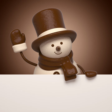3d render, sweet vanilla cream snowman in chocolate hat, holding blank card, white page, empty banner mockup, illustration