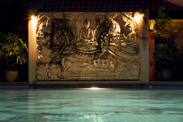 view of nice tropical pool  with exotic bas-relief on the back
