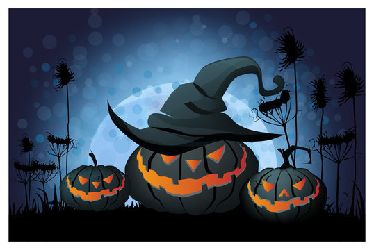 Angry jack o lanterns on full moon vector illustration. Spooky pumpkin in witchs cap on ground. Halloween concept