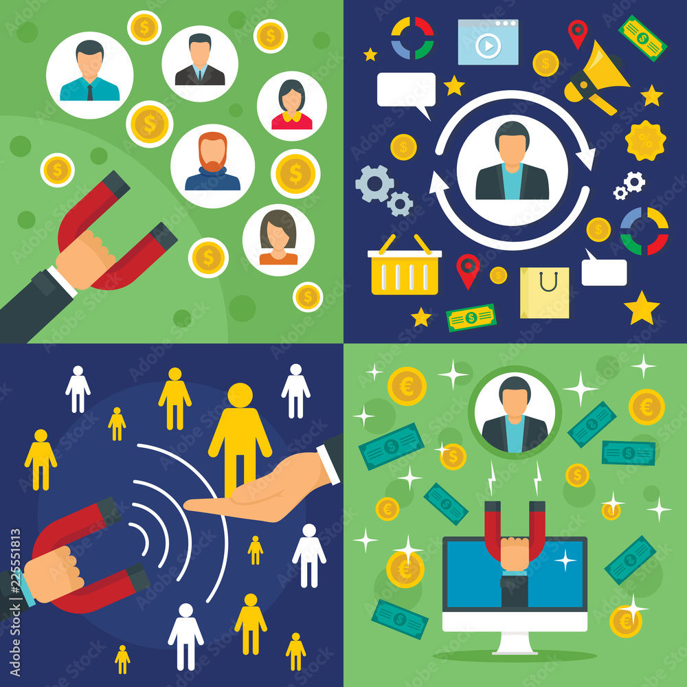 Poster client strategy banner set. flat illustration of client strategy vector banner set for web design