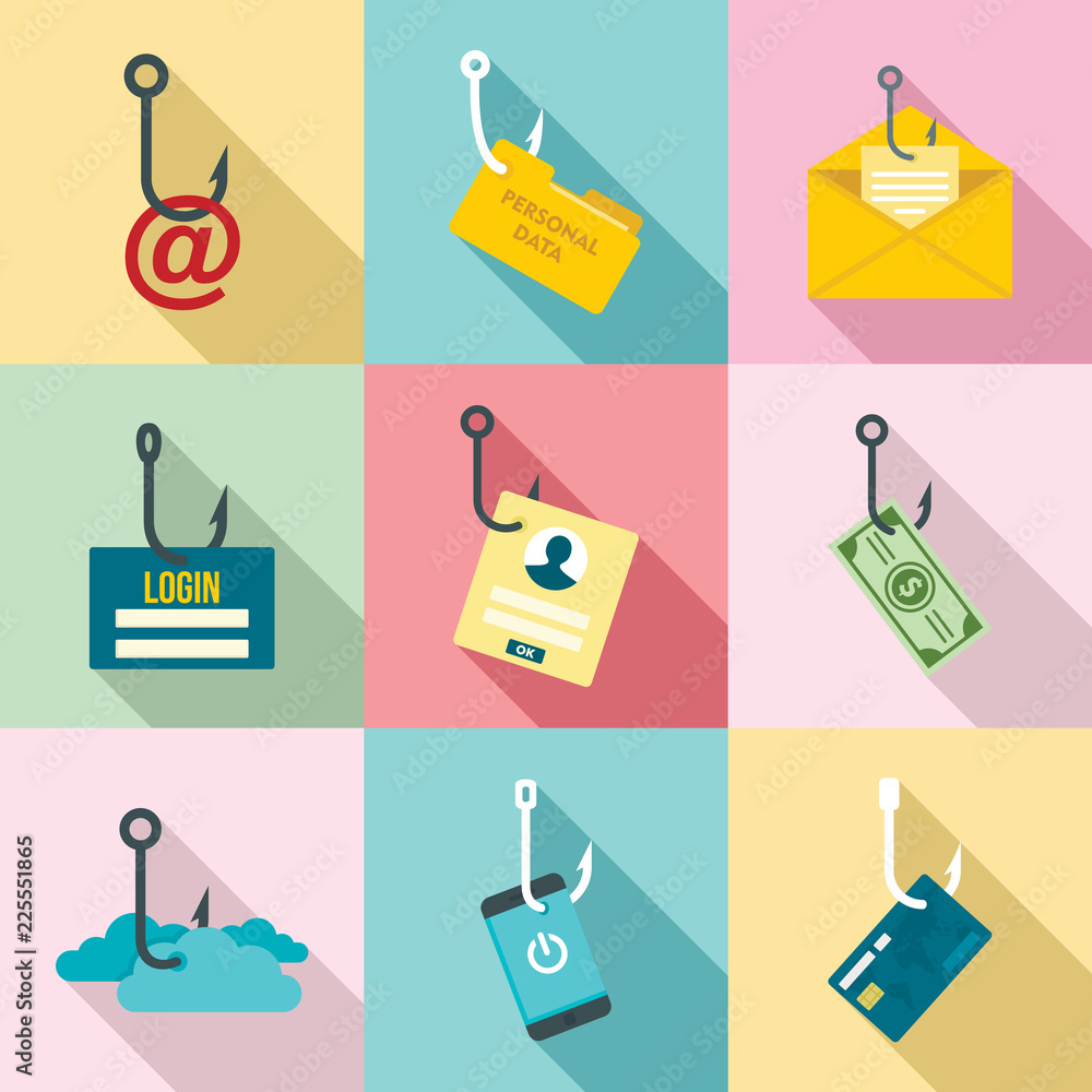 Poster phishing icon set. flat set of phishing vector icons for web design