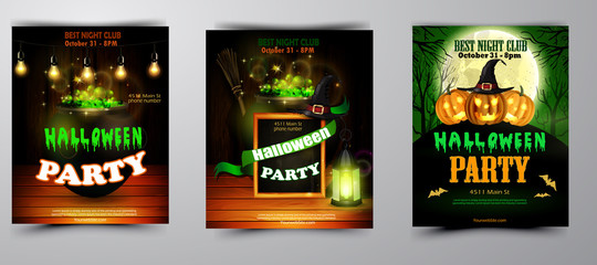 Halloween party invitation on wooden wall background