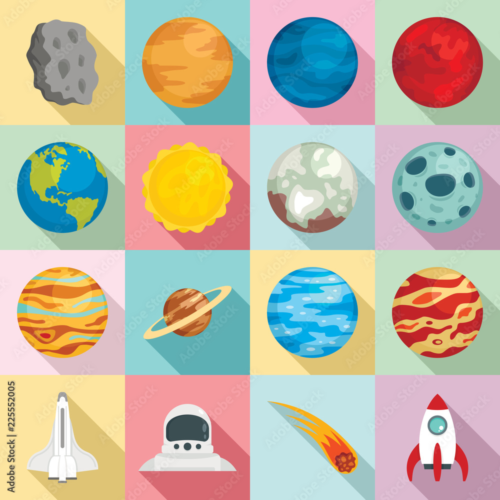 Poster planets icon set. flat set of planets vector icons for web design