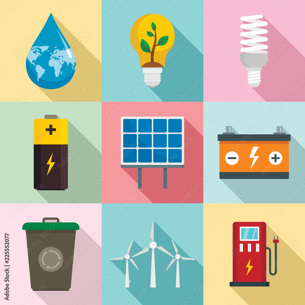 Poster energy saving icon set. flat set of energy saving vector icons for web design