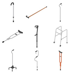 Crutches icon set. Isometric set of crutches vector icons for web design isolated on white background