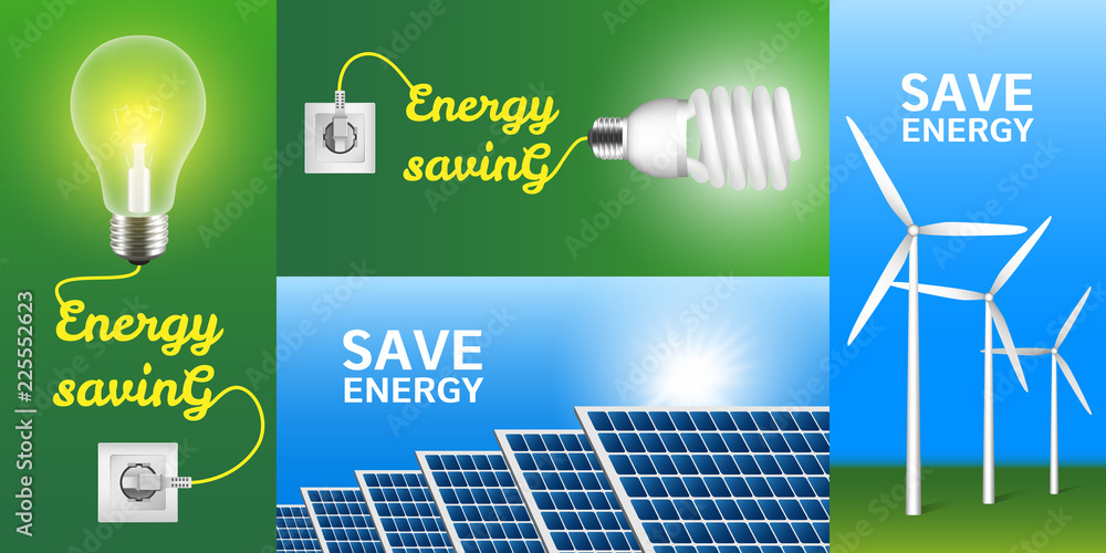 Poster energy saving banner set. realistic illustration of energy saving vector banner set for web design