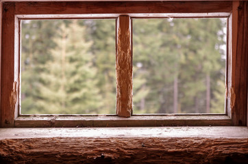 Fototapeta premium Two wooden windows. The window is divided into two.