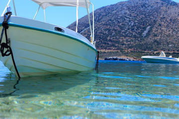 Fishing boat in the harbor of the Mediterranean close-up. Greece, Crete, Bali.