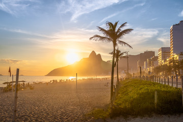 Ipanema Beach and Two Brothers (Dois Irmaos) Mountain at sunset - Rio de Janeiro, Brazil - obrazy, fototapety, plakaty