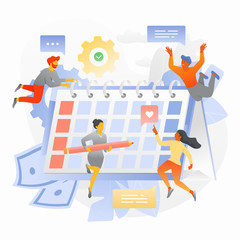 Schedule a Project Plan Illustration with Tiny People. Business team is planning a project schedule. Trendy vector illustration for business planning, news, and events, reminder and timetable. 