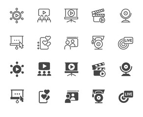 Set of icons in line and glyph style of e-business and e-learning theme. Modern technologies, online conferences, webinars and training concept signs. Outline and black flat labels isolated. Vector