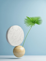 Abstract composition on blue wall background, 3d illustration, 3d rendering