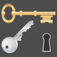 A modern key, a vintage key and a keyhole. Vector illustration