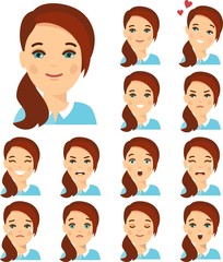 Set of different avatar woman people in colorful flat style. Collection of various emotion expression avatar female happy, angry, sad, funny.
