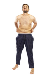 Man suffering from extra weight in diet concept, white background