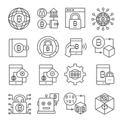 cryptocurrency, bitcoin and blockchain technology icons