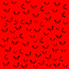 Abstract Butterflies silhouettes pattern on red background.