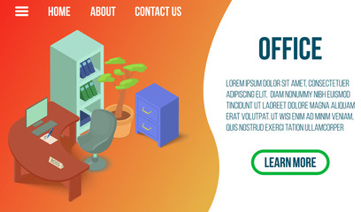 Office concept banner. Isometric banner of office vector concept for web, giftcard and postcard