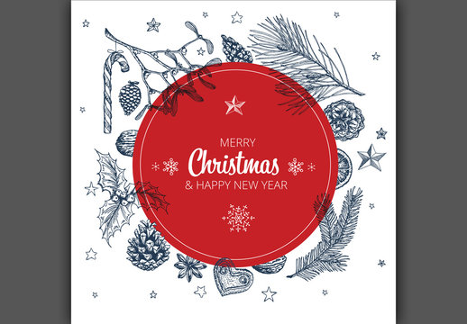 Christmas Card Layout with Hand-Drawn Illustrations 