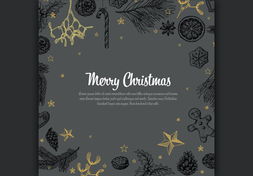 Christmas Card Layout with Hand-Drawn Illustrations 